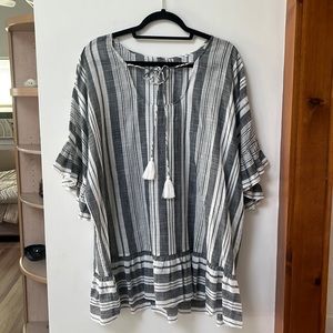 Take Cover by Penbrooke,Pinstripe,Ruffle Sleeve,Tassel,Boho Cover Up,M,NWT